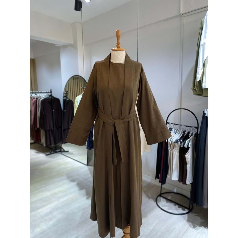 Ham Keten Jile Kimono Kahverengi Takım 2 Beden