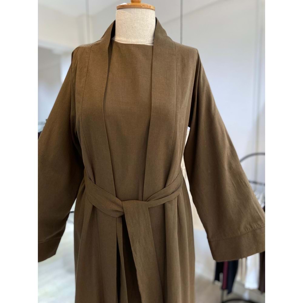 Ham Keten Jile Kimono Kahverengi Takım 2 Beden