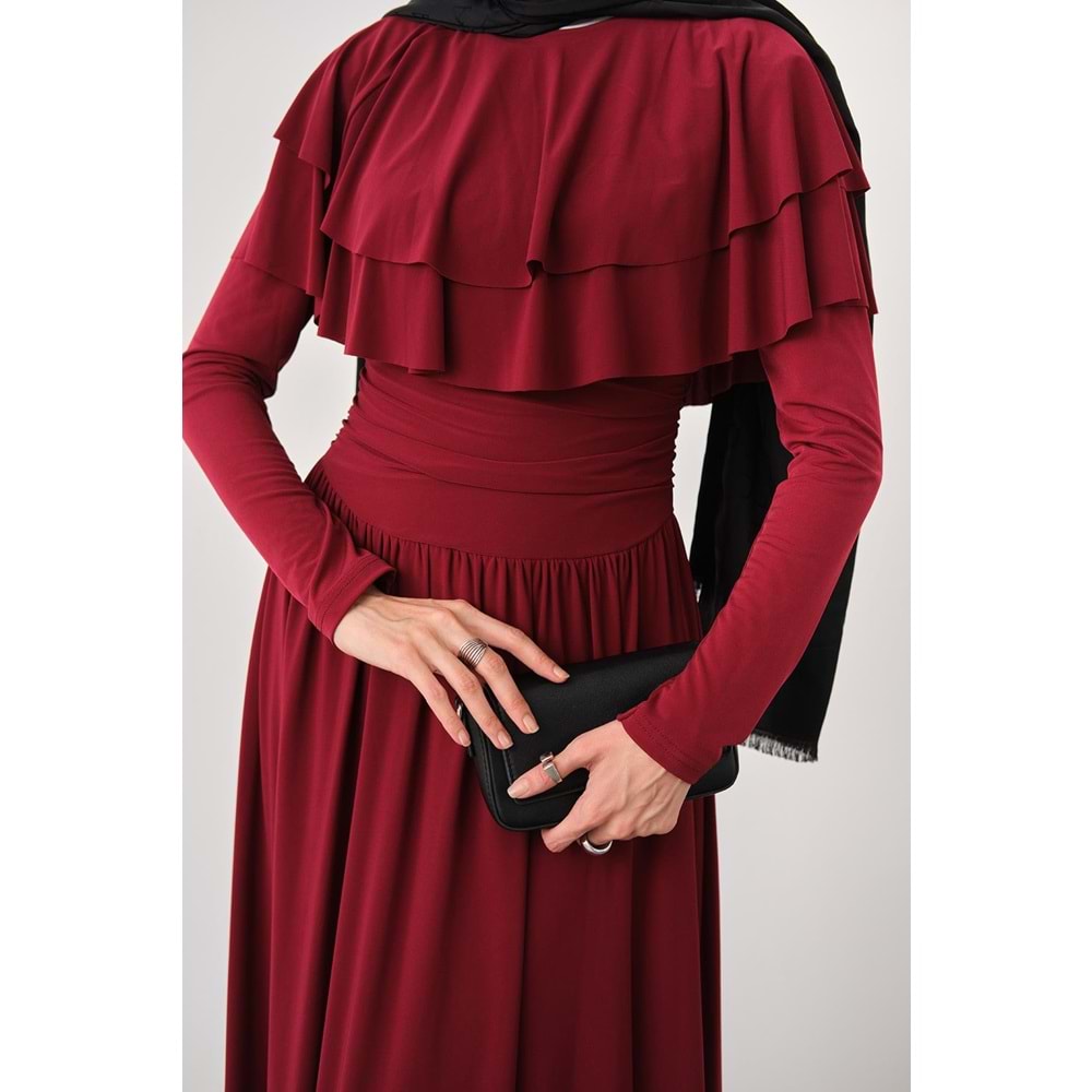 Omuz Fırfır Detay Sandy Bordo Elbise 40-42 Beden