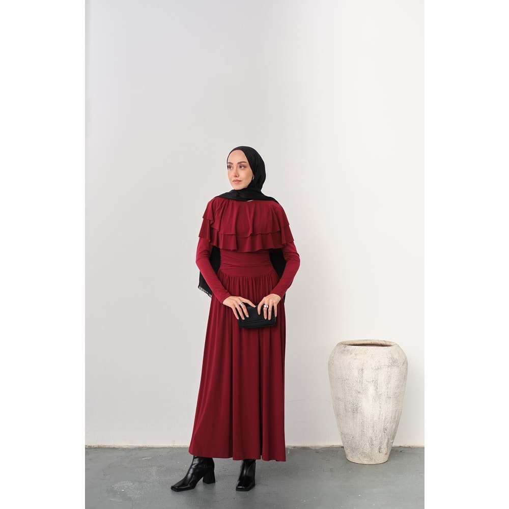 Omuz Fırfır Detay Sandy Bordo Elbise 40-42 Beden