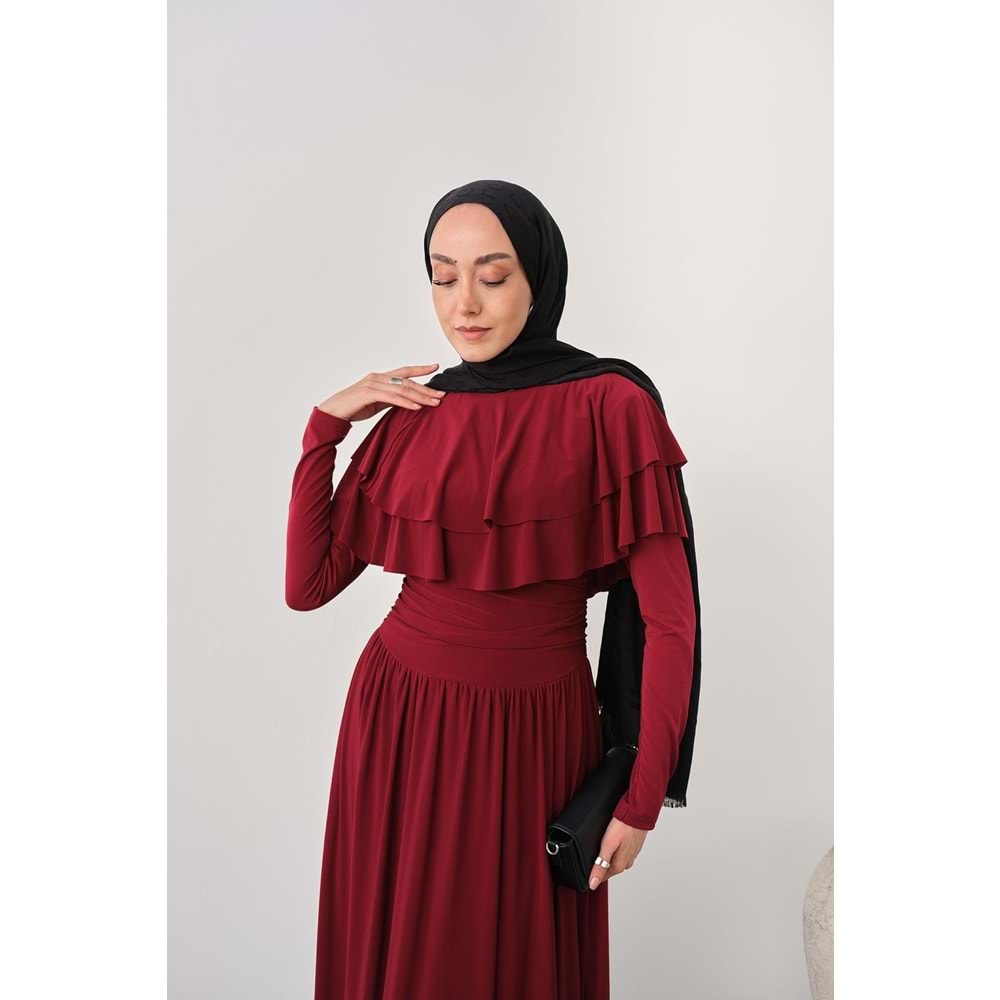 Omuz Fırfır Detay Sandy Bordo Elbise 40-42 Beden