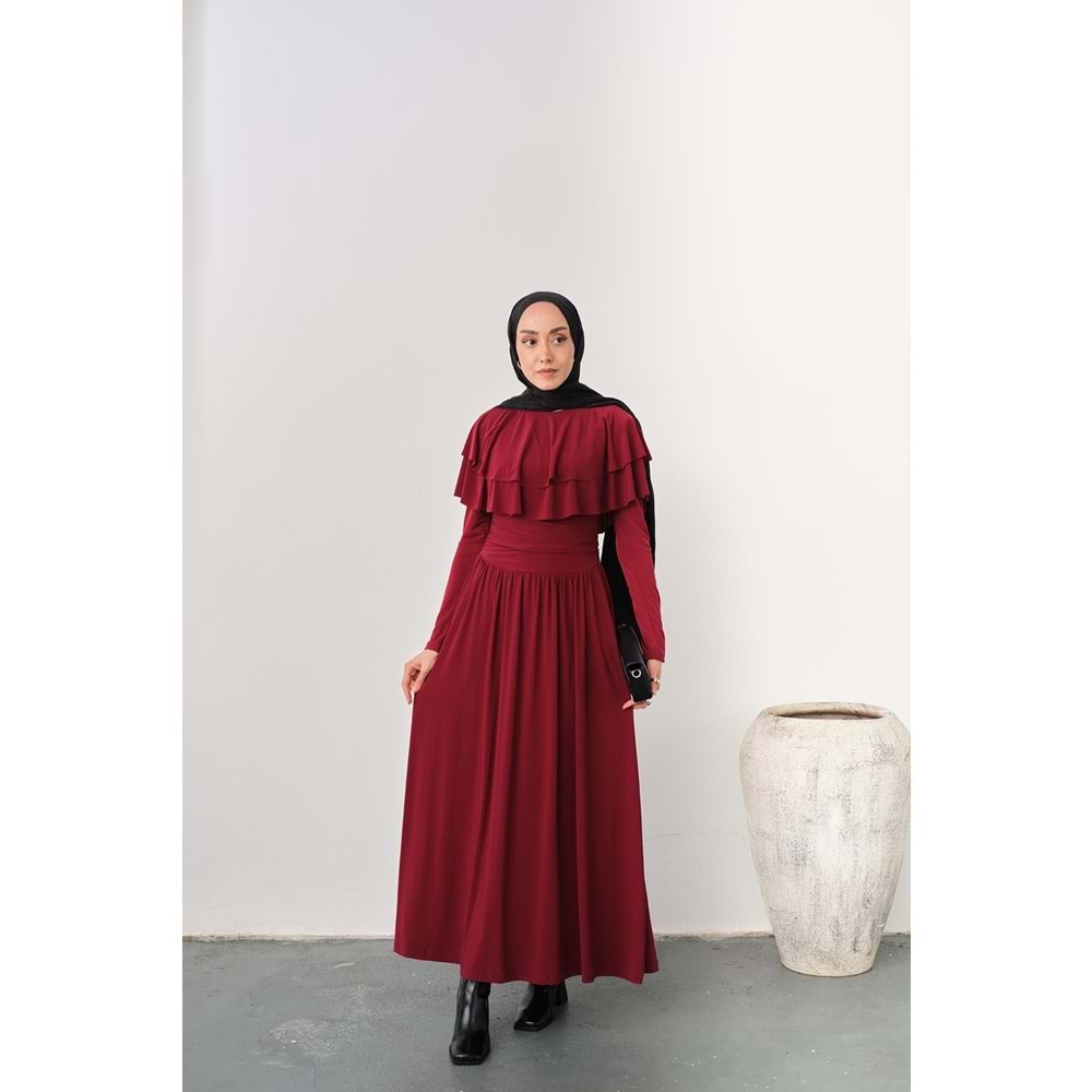 Omuz Fırfır Detay Sandy Bordo Elbise 38-40 Beden