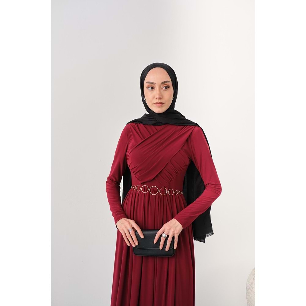 Gold Kemerli Pile Detay Bordo Sandy Elbise 40-42 Beden