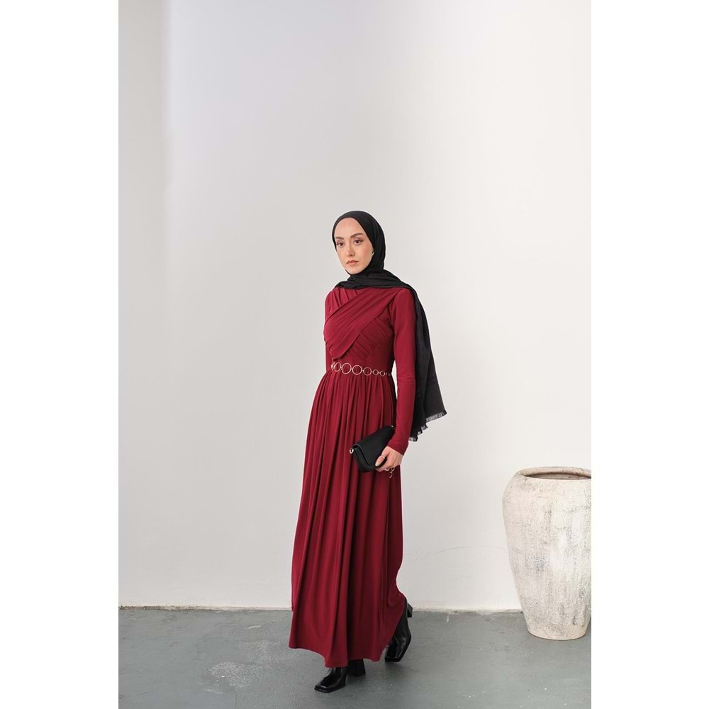 Gold Kemerli Pile Detay Bordo Sandy Elbise 40-42 Beden