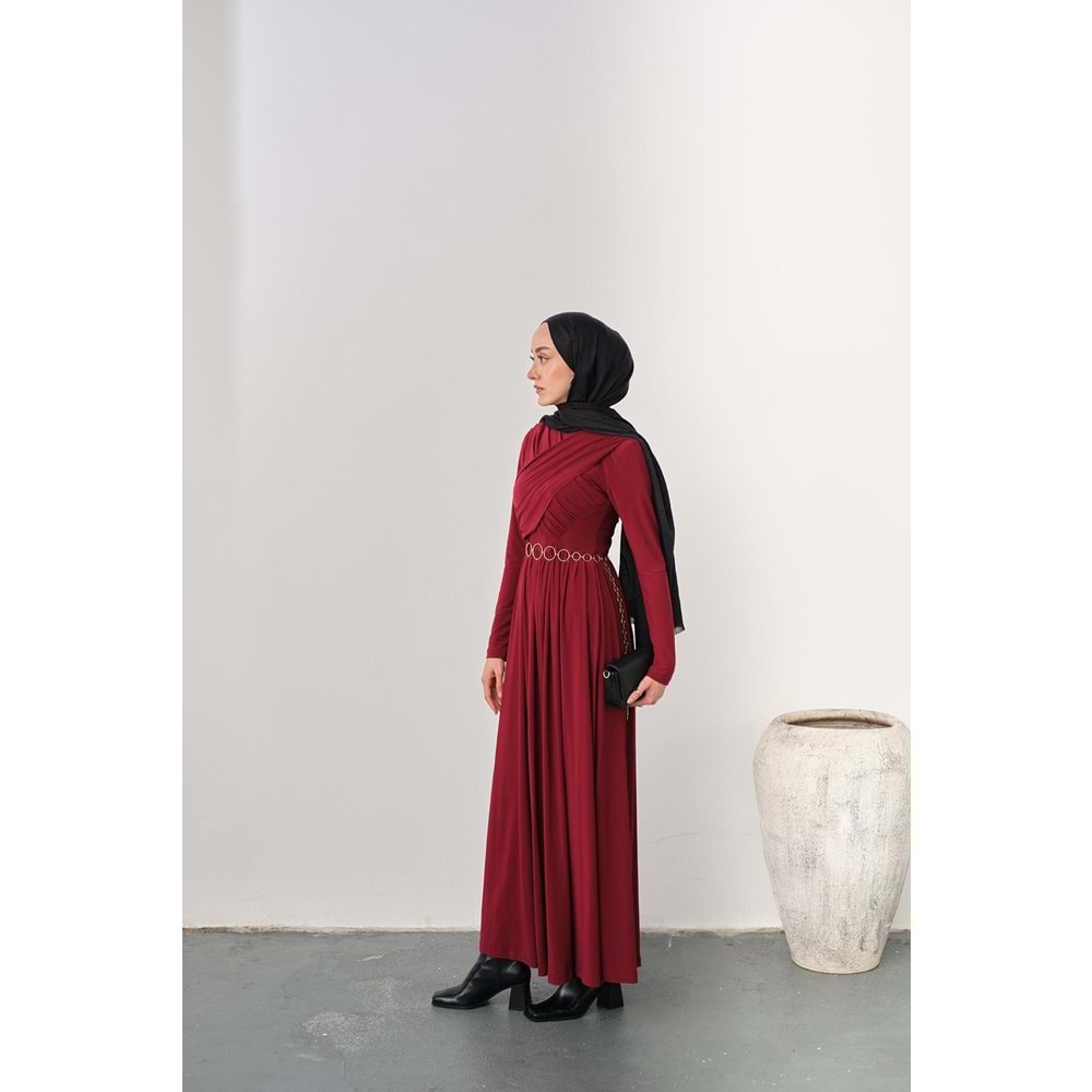 Gold Kemerli Pile Detay Bordo Sandy Elbise 40-42 Beden