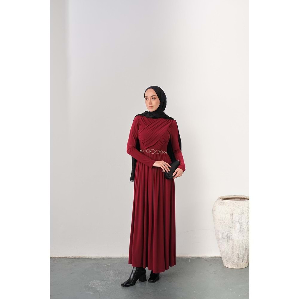 Gold Kemerli Pile Detay Bordo Sandy Elbise 36-38 Beden