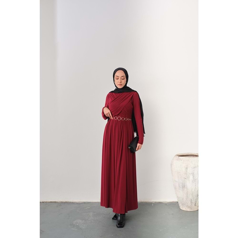 Gold Kemerli Pile Detay Bordo Sandy Elbise 36-38 Beden