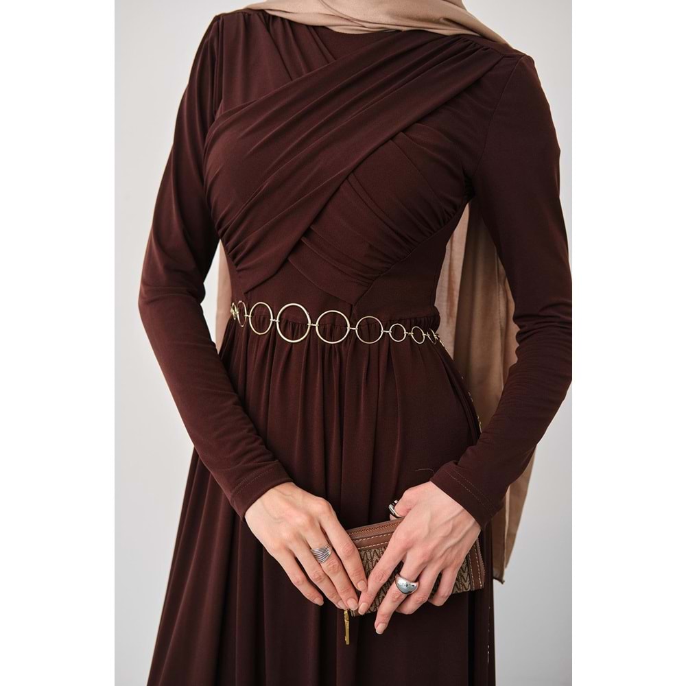 Gold Kemerli Pile Detay Kahverengi Sandy Elbise 36-38 Beden