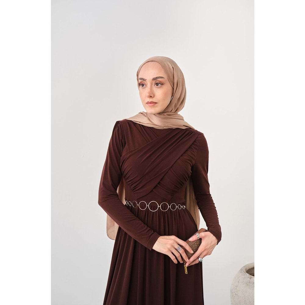 Gold Kemerli Pile Detay Kahverengi Sandy Elbise 36-38 Beden