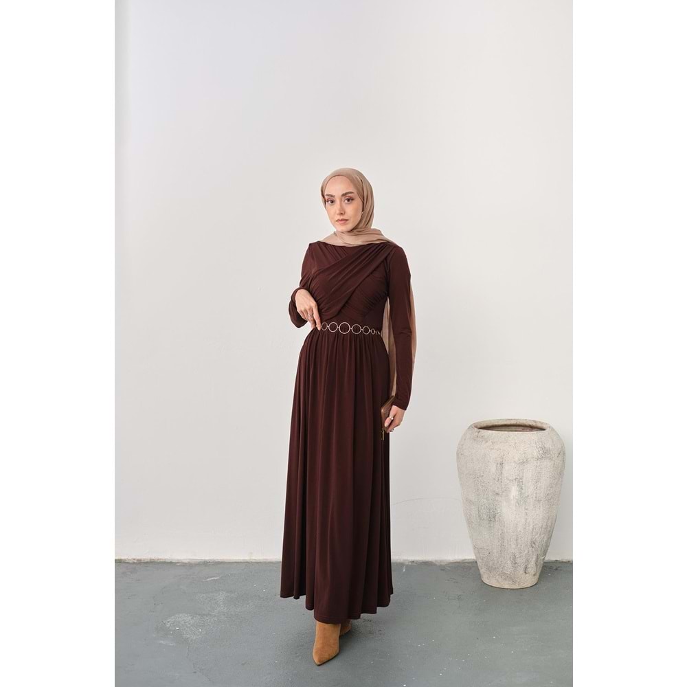 Gold Kemerli Pile Detay Kahverengi Sandy Elbise 36-38 Beden