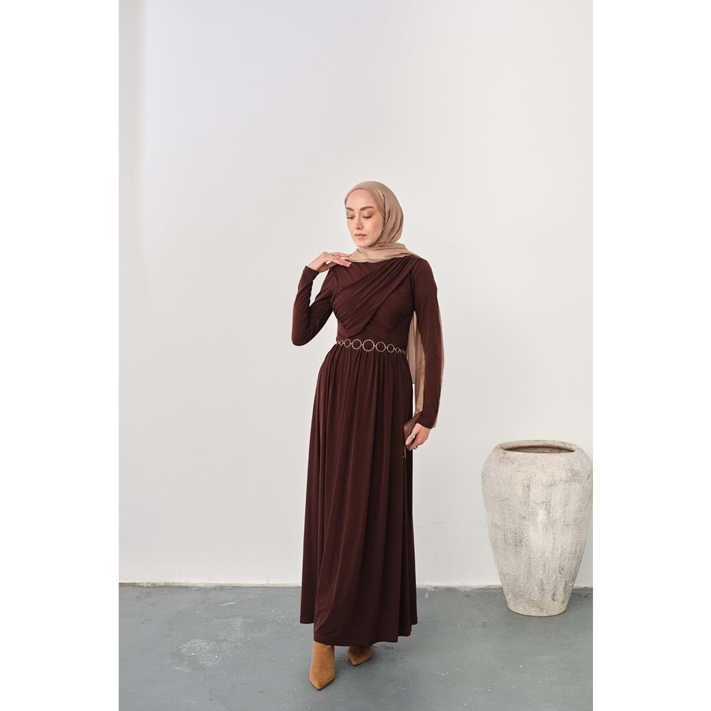 Gold Kemerli Pile Detay Kahverengi Sandy Elbise 36-38 Beden