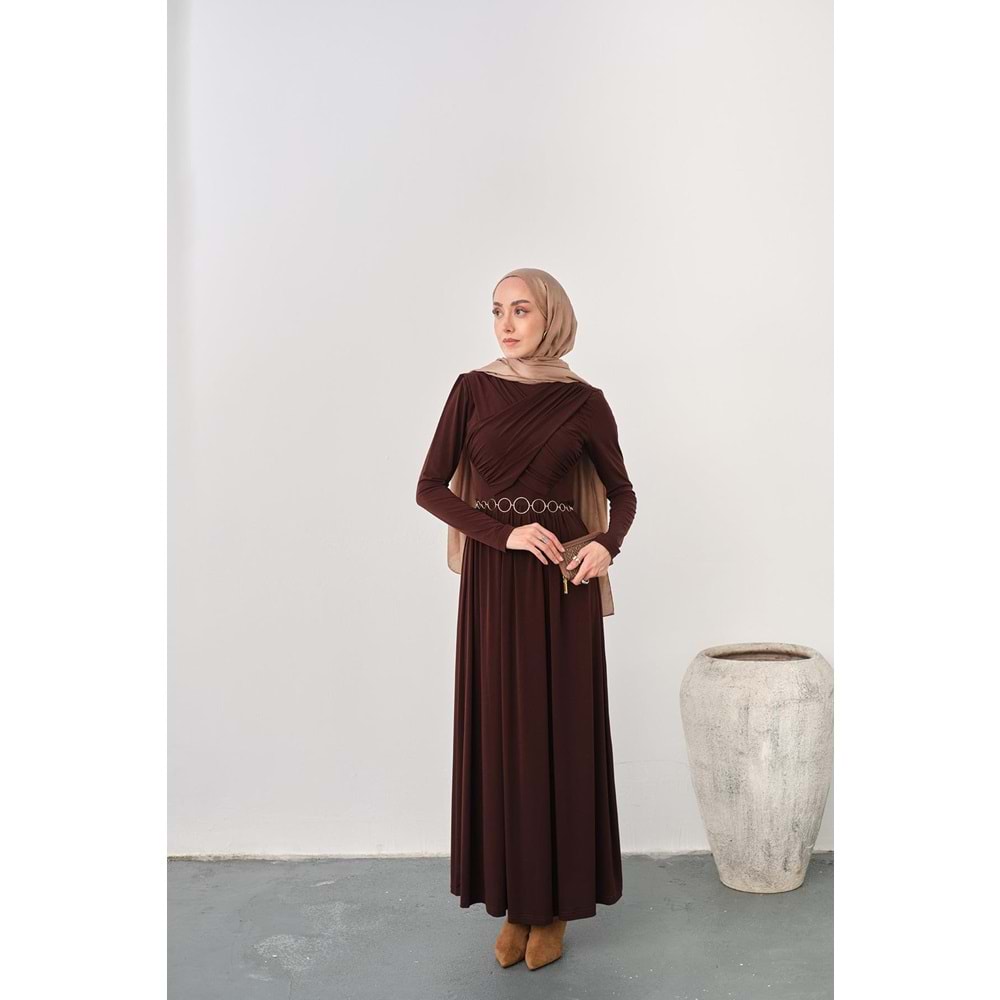 Gold Kemerli Pile Detay Kahverengi Sandy Elbise 36-38 Beden