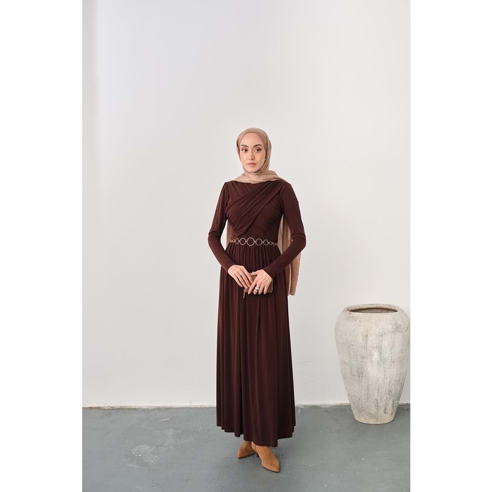 Gold Kemerli Pile Detay Kahverengi Sandy Elbise 36-38 Beden