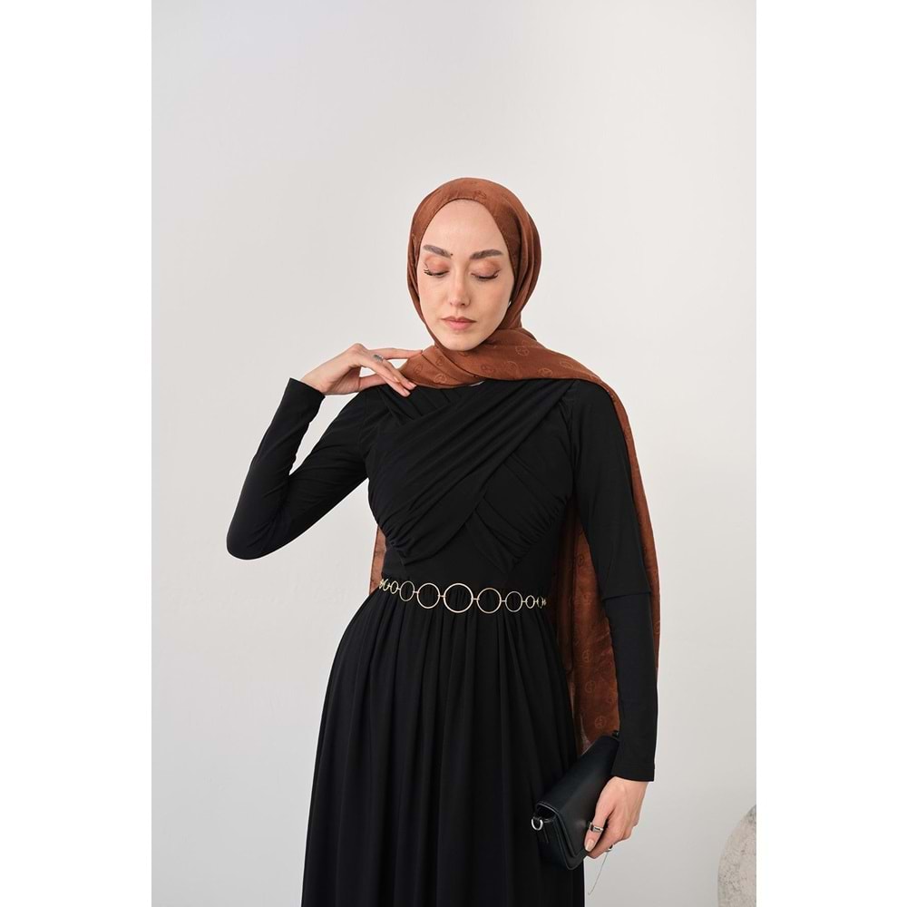 Gold Kemerli Pile Detay Siyah Sandy Elbise 38-40 Beden