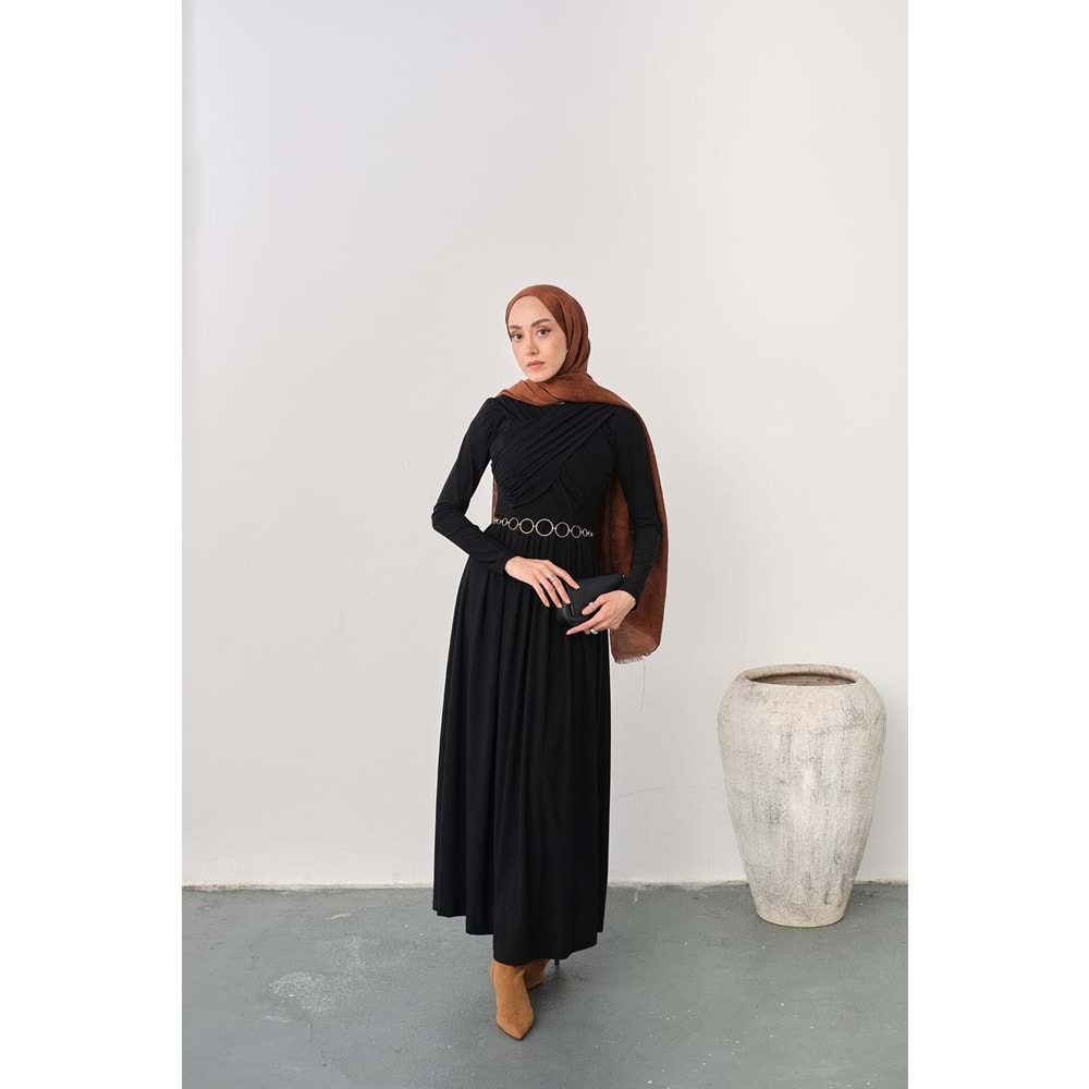 Gold Kemerli Pile Detay Siyah Sandy Elbise 38-40 Beden