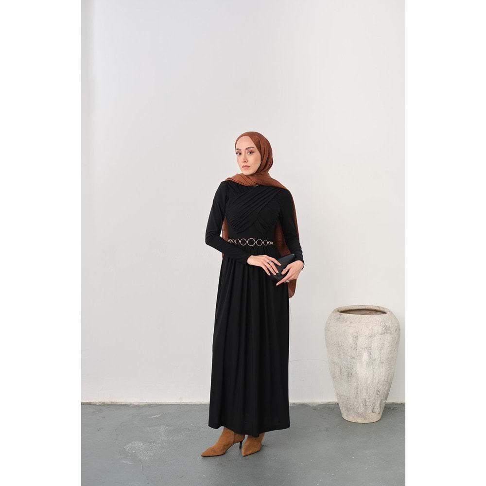 Gold Kemerli Pile Detay Siyah Sandy Elbise 38-40 Beden