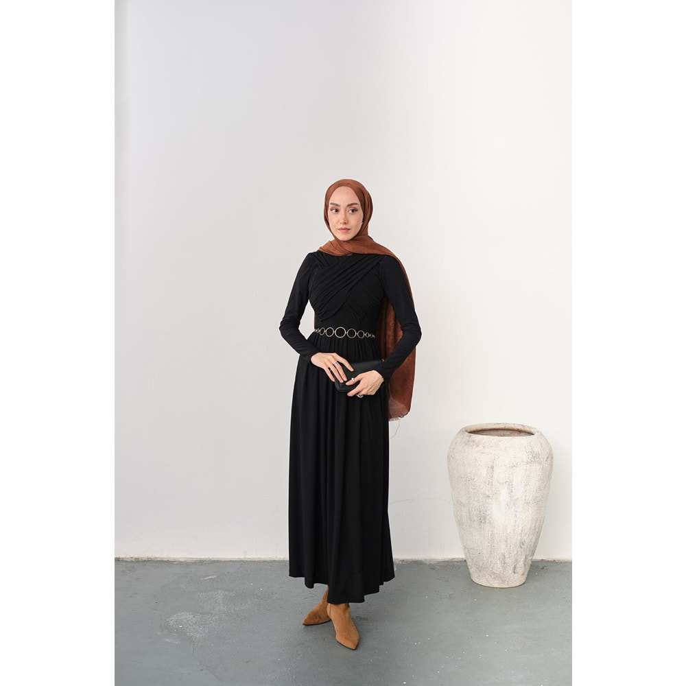 Gold Kemerli Pile Detay Siyah Sandy Elbise 38-40 Beden