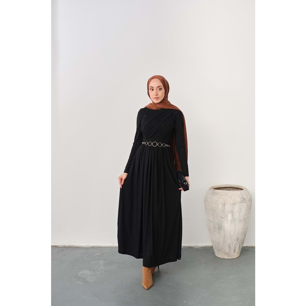 Gold Kemerli Pile Detay Siyah Sandy Elbise 38-40 Beden