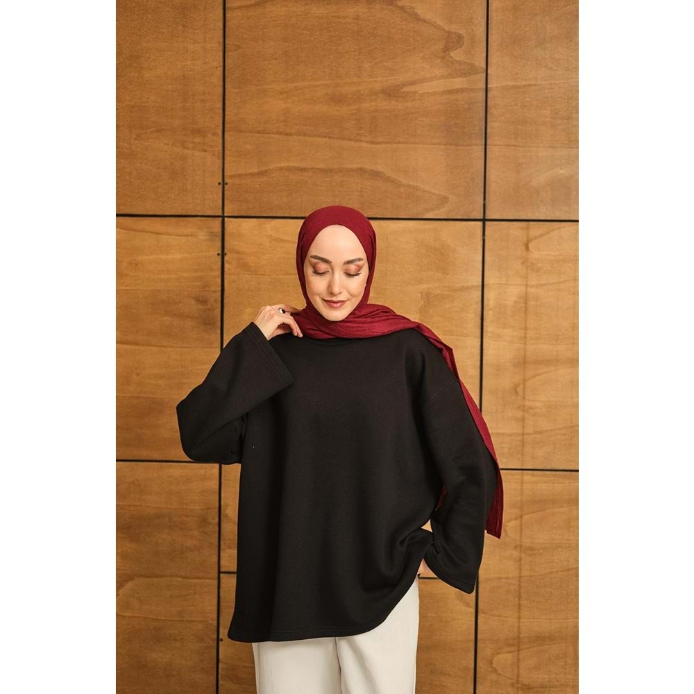 Bisiklet Yaka Polarlı Siyah Kadın Sweatshrit