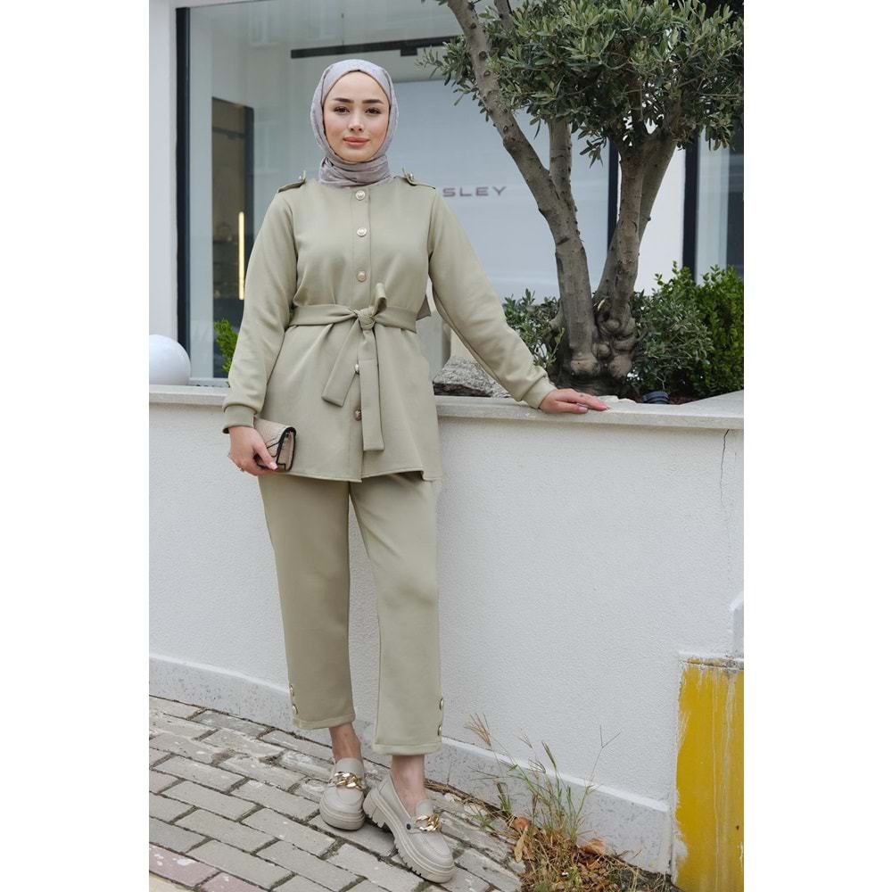 Apoletli Kemerli İkili Fıstık Yeşili Scuba Kadın Takım (40-42) Beden