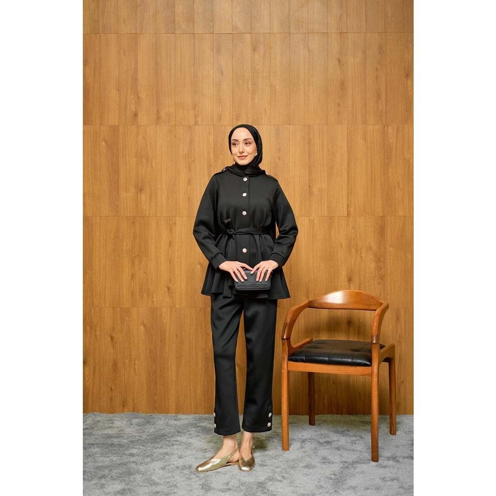 Apoletli Kemerli İkili Siyah Scuba Kadın Takım (36-38) Beden