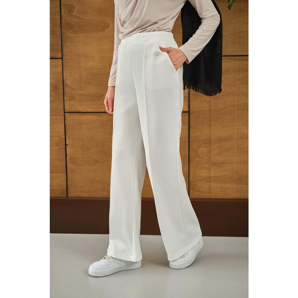 Bisqvi Biyeli Pamuklu Beyaz Scuba Kadın Pantolon S-M