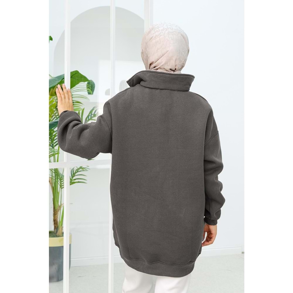 Yarım Fermuar Detay Füme Şardonlu Üç İplik Kadın Sweat (42-44-46) Beden