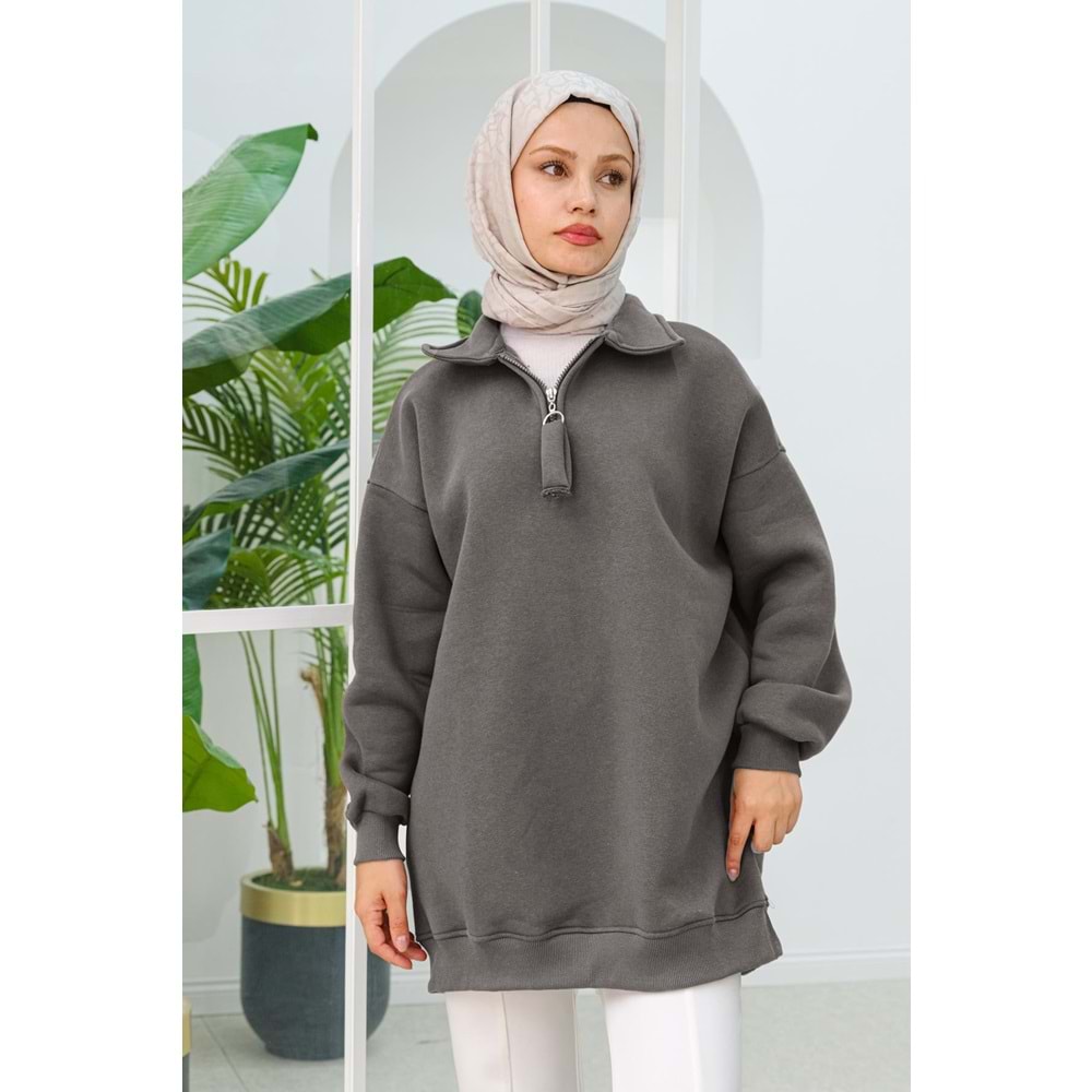 Yarım Fermuar Detay Füme Şardonlu Üç İplik Kadın Sweat (42-44-46) Beden