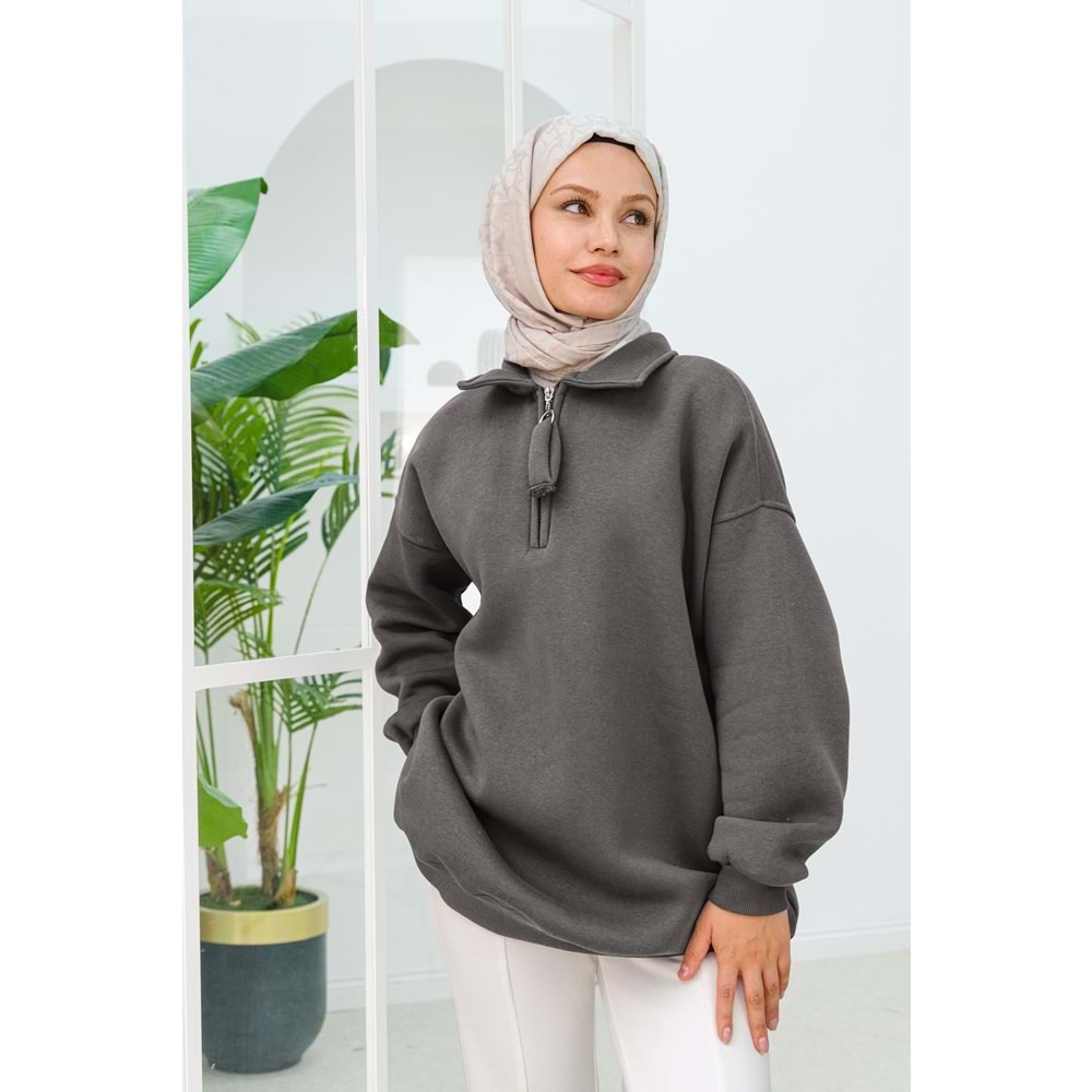 Yarım Fermuar Detay Füme Şardonlu Üç İplik Kadın Sweat (36-38-40) Beden