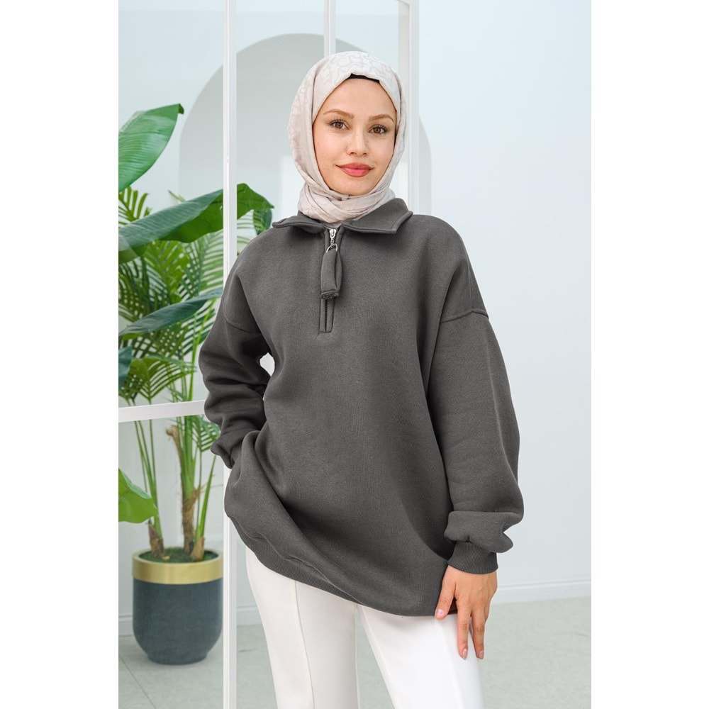 Yarım Fermuar Detay Füme Şardonlu Üç İplik Kadın Sweat (36-38-40) Beden