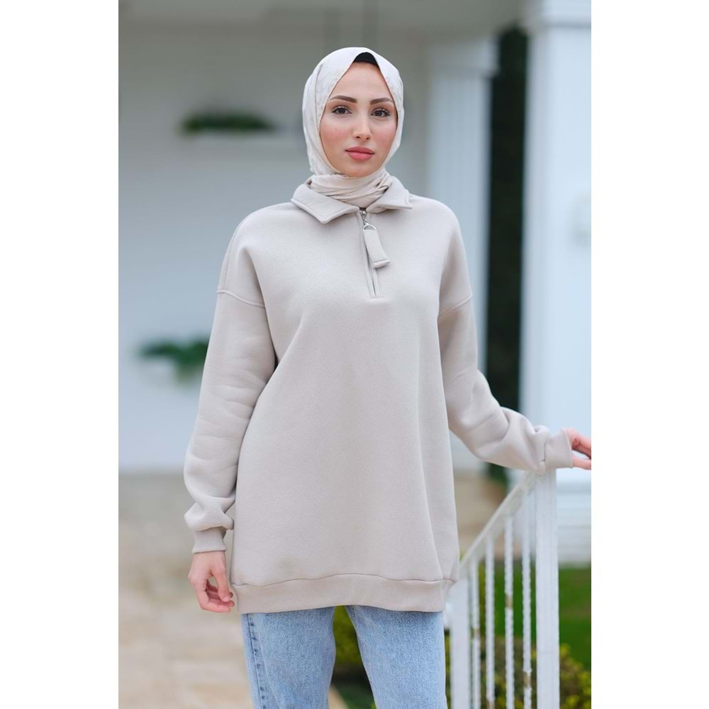 Yarım Fermuar Detay Krem Şardonlu Üç İplik Kadın Sweat (42-44-46) Beden