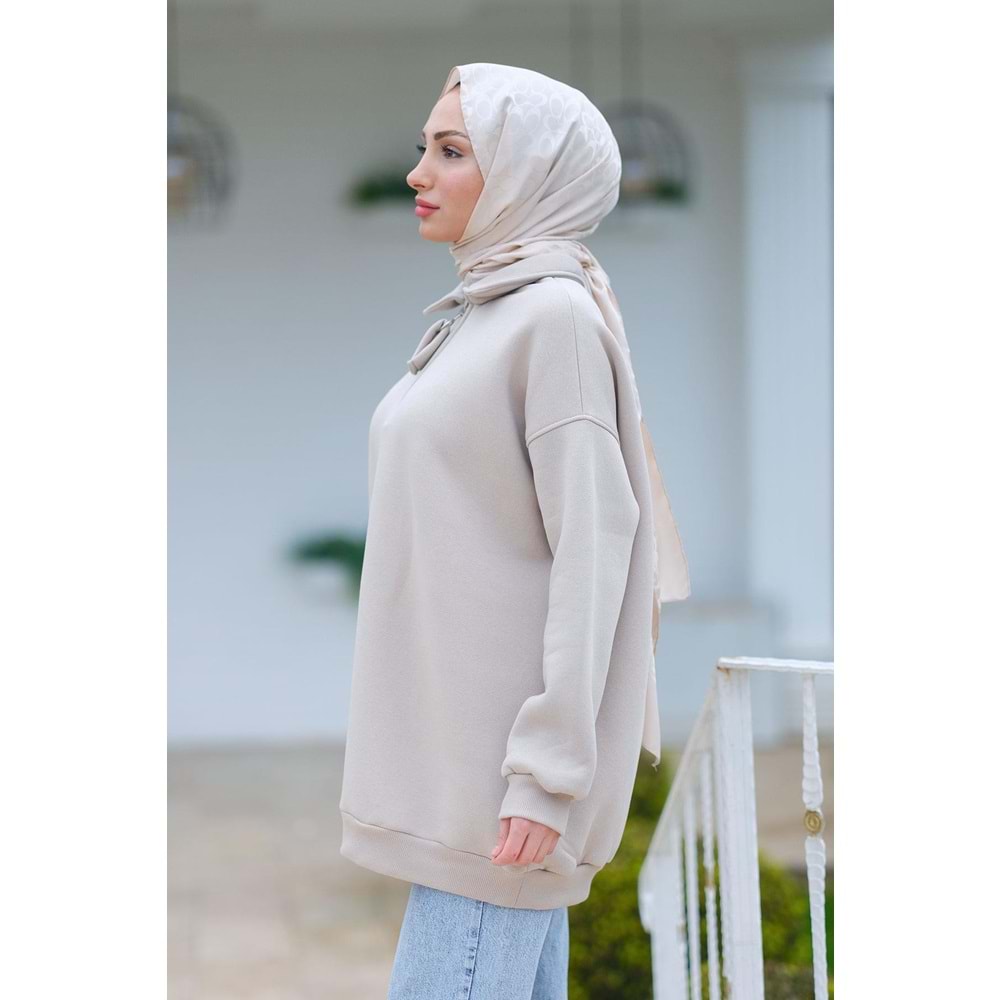 Yarım Fermuar Detay Krem Şardonlu Üç İplik Kadın Sweat (42-44-46) Beden