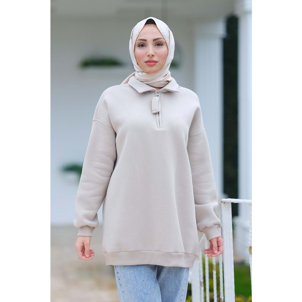 Yarım Fermuar Detay Krem Şardonlu Üç İplik Kadın Sweat (42-44-46) Beden