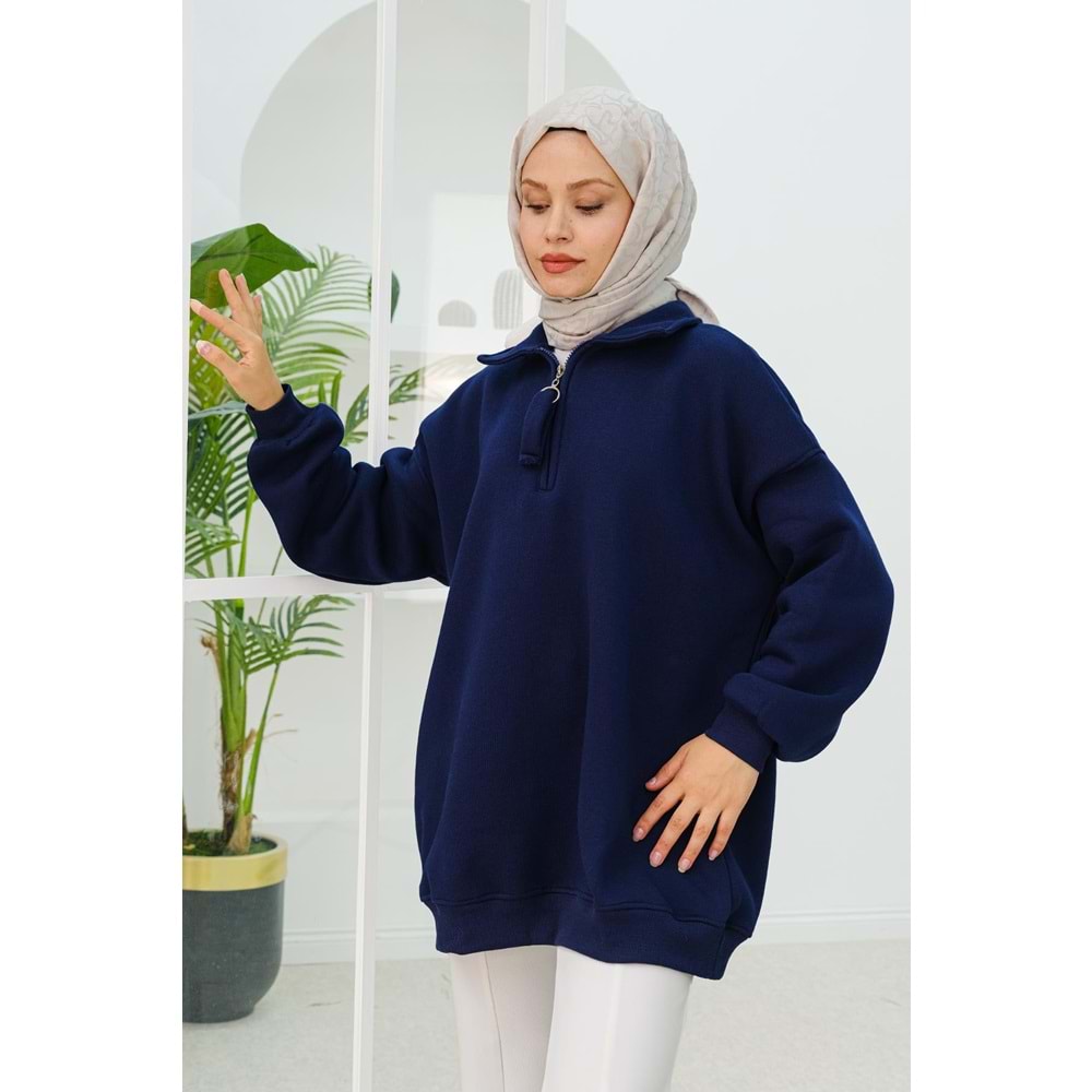 Yarım Fermuar Detay Lacivert Şardonlu Üç İplik Kadın Sweat (42-44-46) Beden