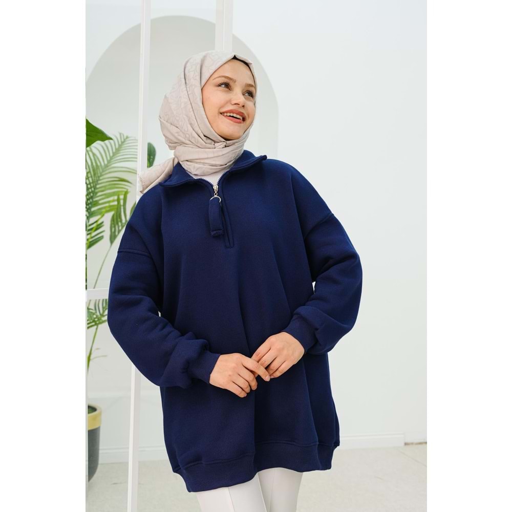 Yarım Fermuar Detay Lacivert Şardonlu Üç İplik Kadın Sweat (42-44-46) Beden
