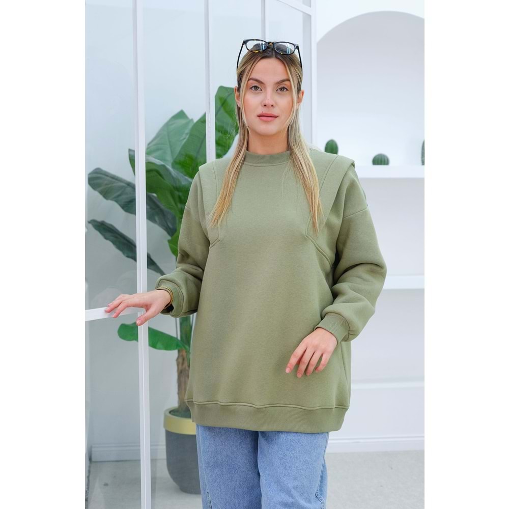Çift Omuz Detaylı Polarlı Yeşil Kadın Sweat (40, 42, 44 Beden)