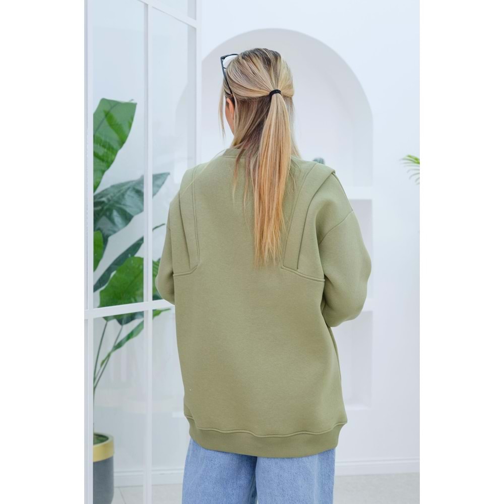 Çift Omuz Detaylı Polarlı Yeşil Kadın Sweat (40, 42, 44 Beden)