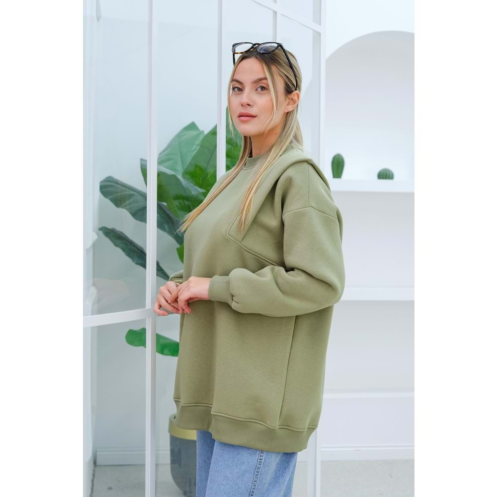 Çift Omuz Detaylı Polarlı Yeşil Kadın Sweat (40, 42, 44 Beden)