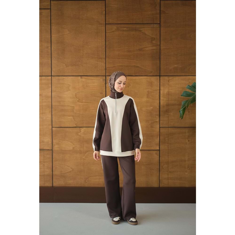 Çift Renk Fermuar Detay Scuba Kahverengi Takım 36-38 Beden