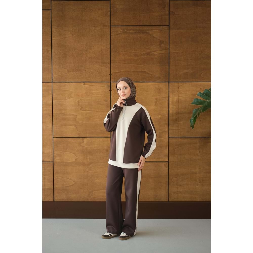 Çift Renk Fermuar Detay Scuba Kahverengi Takım 36-38 Beden