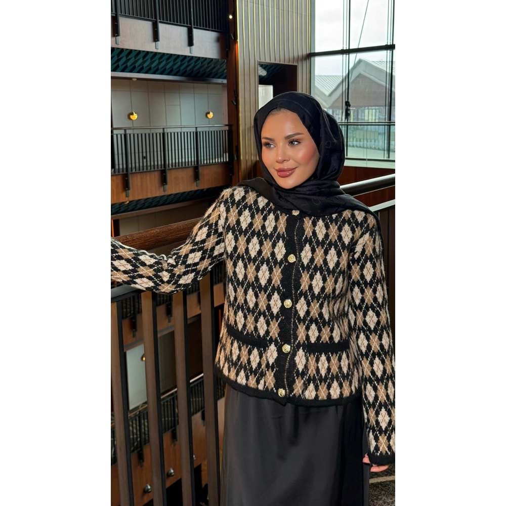 Baklava Desen Triko Siyah Kadın Hırka