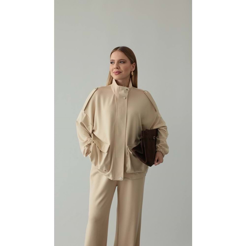 L/XL Bej Takım Büyük Beden | Cepli Fermuarlı Modal