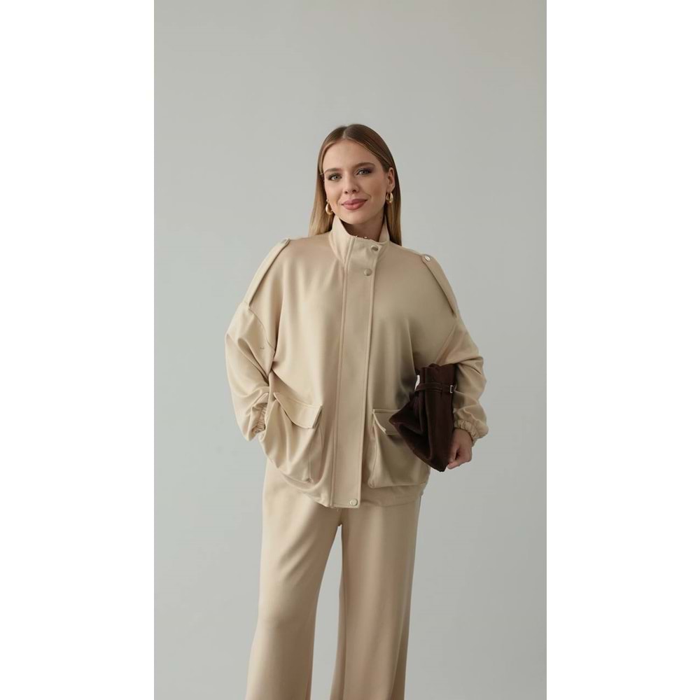 L/XL Bej Takım Büyük Beden | Cepli Fermuarlı Modal