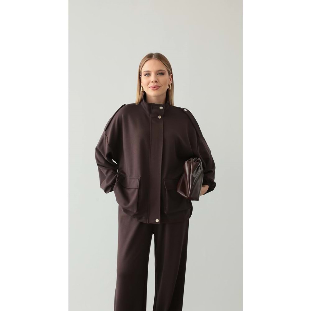 L/XL Kahverengi Takım Büyük Beden | Cepli Fermuarlı Modal