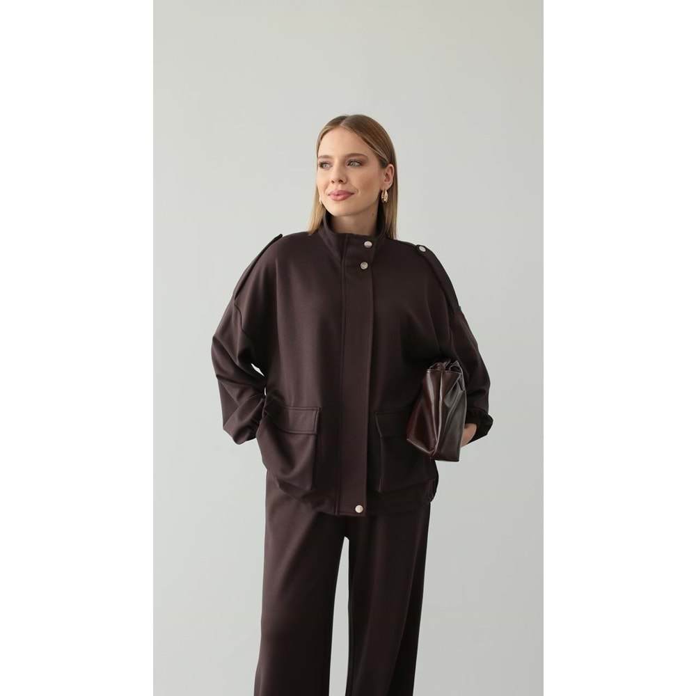L/XL Kahverengi Takım Büyük Beden | Cepli Fermuarlı Modal