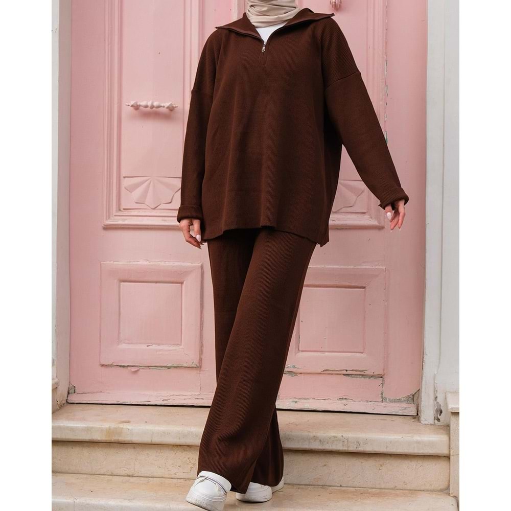 Fermuarlı Kadın Kahverengi Triko Takım