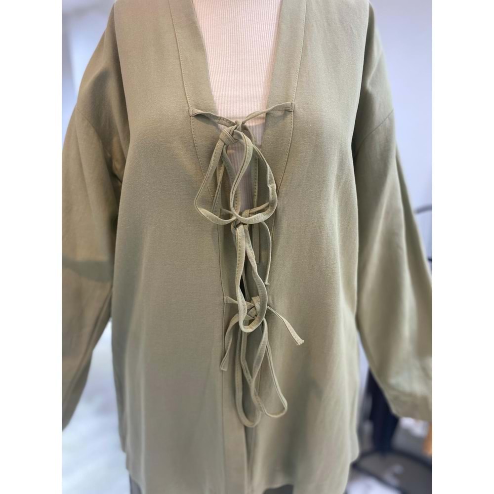 Üç Bağlama Keten Haki Kimono L-XL Beden