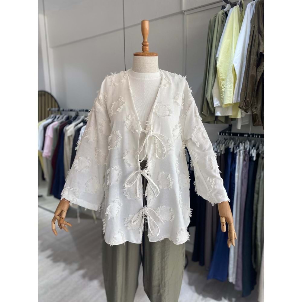 Üç Bağlama Keten Beyaz Orta Kimono L Beden