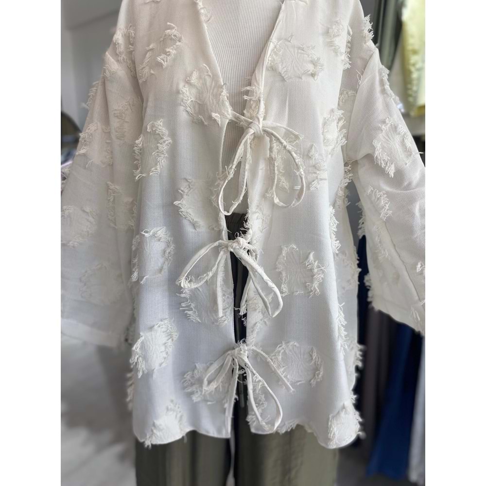 Üç Bağlama Keten Beyaz Orta Kimono L Beden