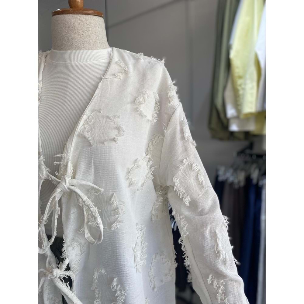Üç Bağlama Keten Beyaz Orta Kimono L Beden